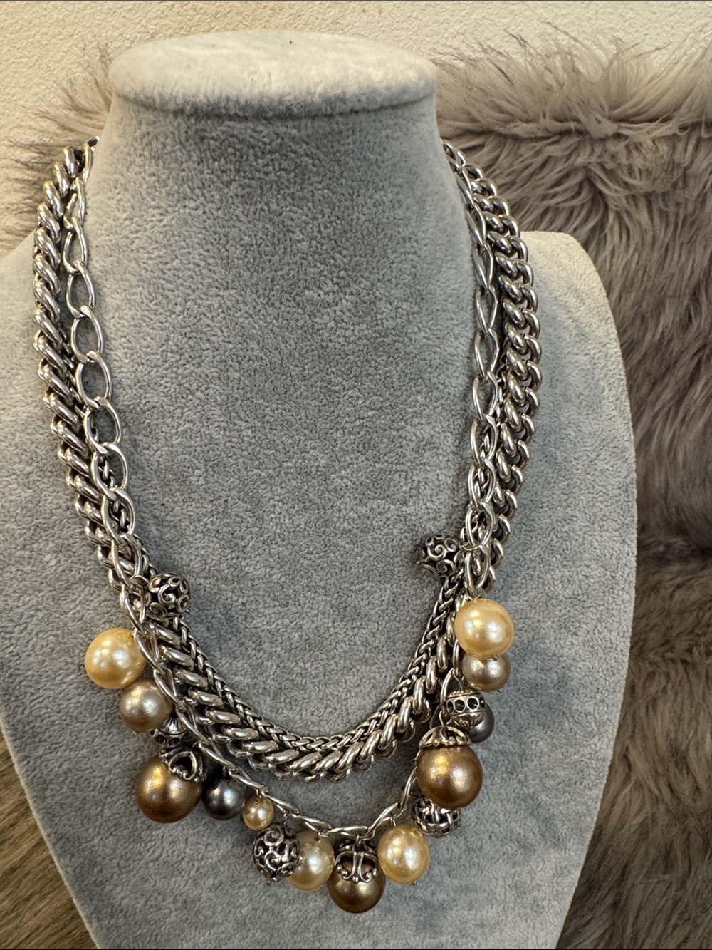 Brighton Multi-Strand Silver Necklace with Gold and Pearl-Tone Beads